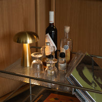 "Brass lamp, clear glass bottles, dark red wine, and vibrant book covers on a modern metal tray."