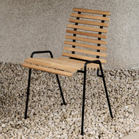 Natural wood slats with a minimalist design, paired with sleek black metal legs. Perfect for modern decor.