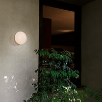 Soft pink orb light against a textured light gray wall, surrounded by lush green foliage.