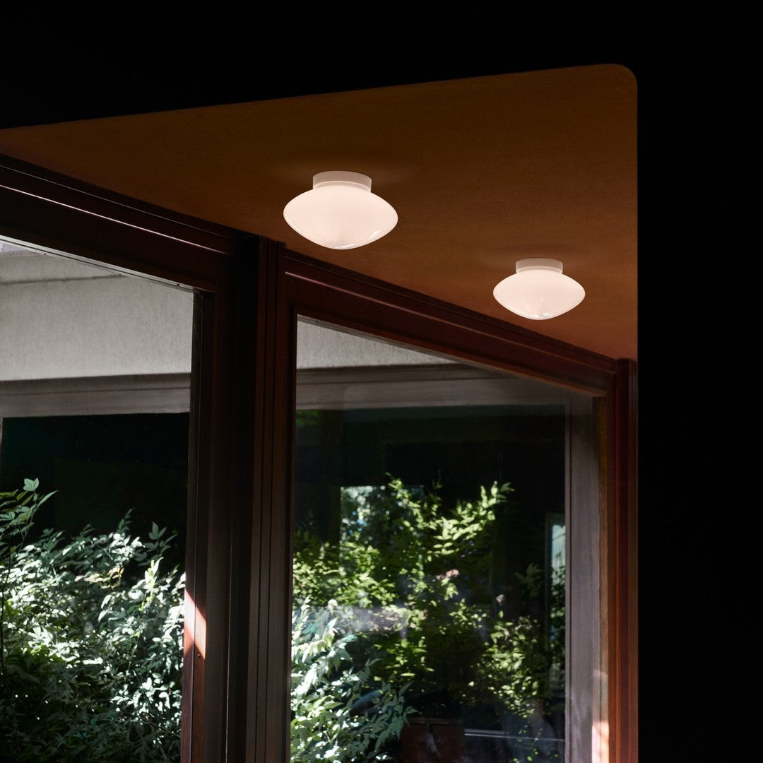 White glass ceiling lights with soft, rounded shapes against a warm wood and dark background.