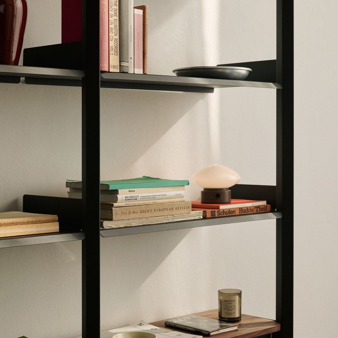 "Modern bookshelf with black frame, colorful book covers, and subtle earthy tones in decor."