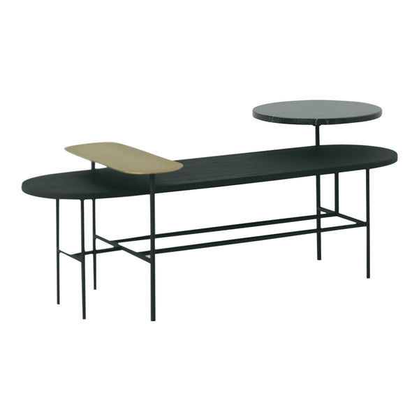 Stylish black and gray oval coffee table with a unique tan accent and modern minimalist design.