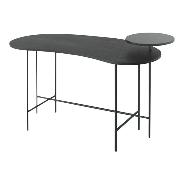 "Black organic-shaped table with a curved design and sleek black metal legs, featuring a stylish side table."