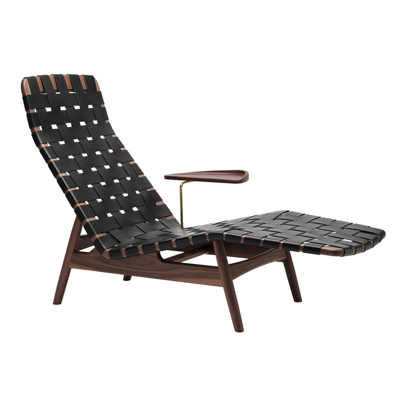 Black woven lounge chair with wood accents, featuring a modern, geometric pattern and stylish armrest detail.