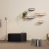 Modern shelving in gold and silver tones on a neutral wall, with a sleek black table and subtle greenery.
