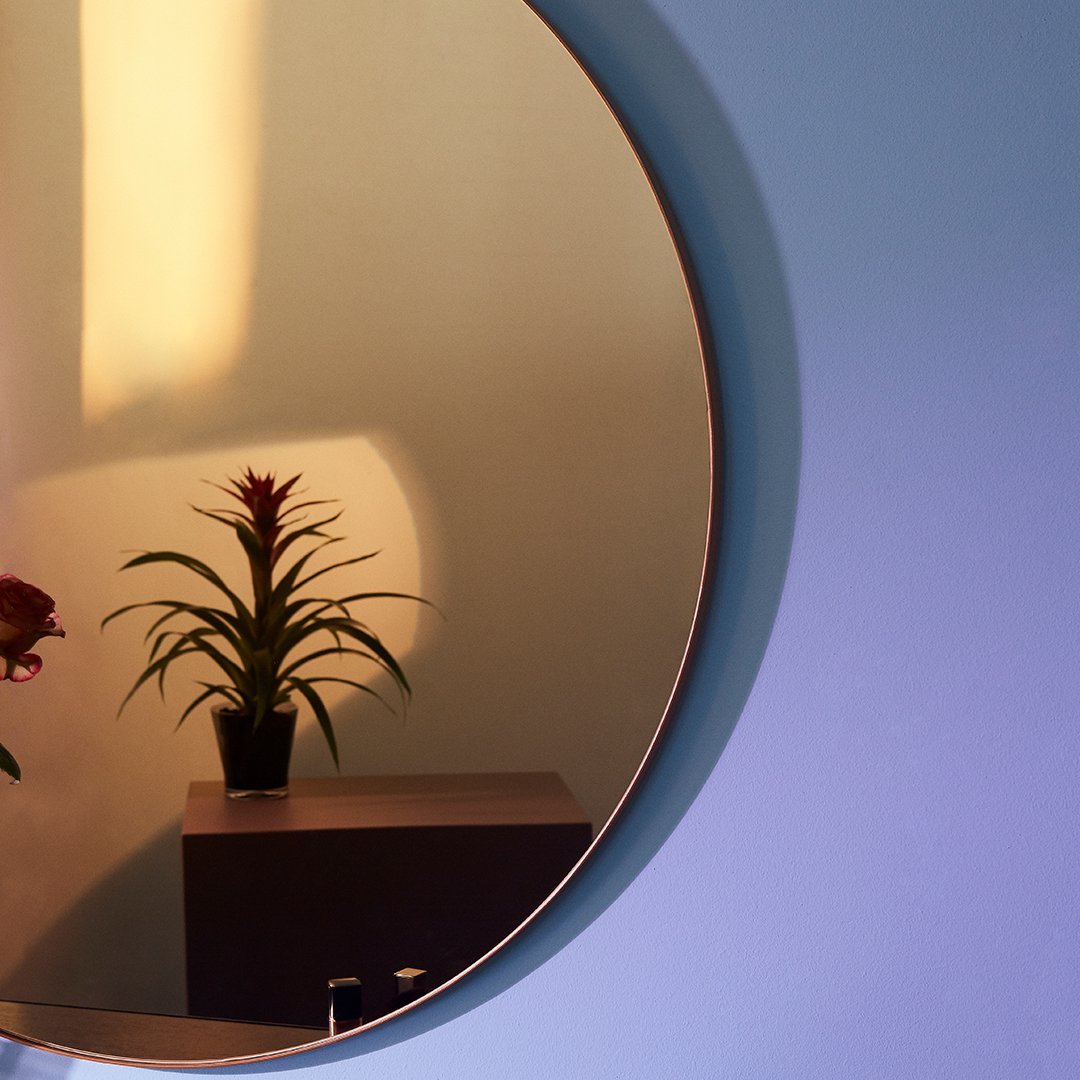 Round mirror with a sleek gold rim, reflecting soft blue wall colors and a green plant in a pot.