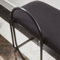 Black upholstered bench with a sleek black metal frame, featuring minimalist design and smooth textures.