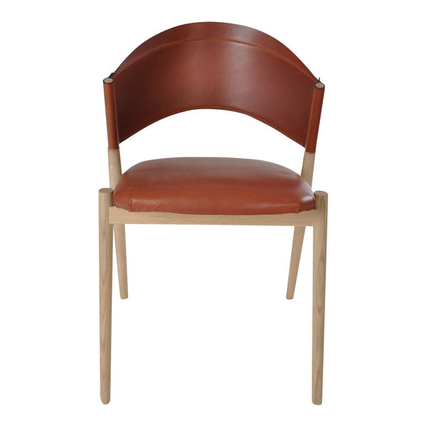 Brown leather chair with a sleek wood frame and curved backrest, showcasing a modern, minimalist design.
