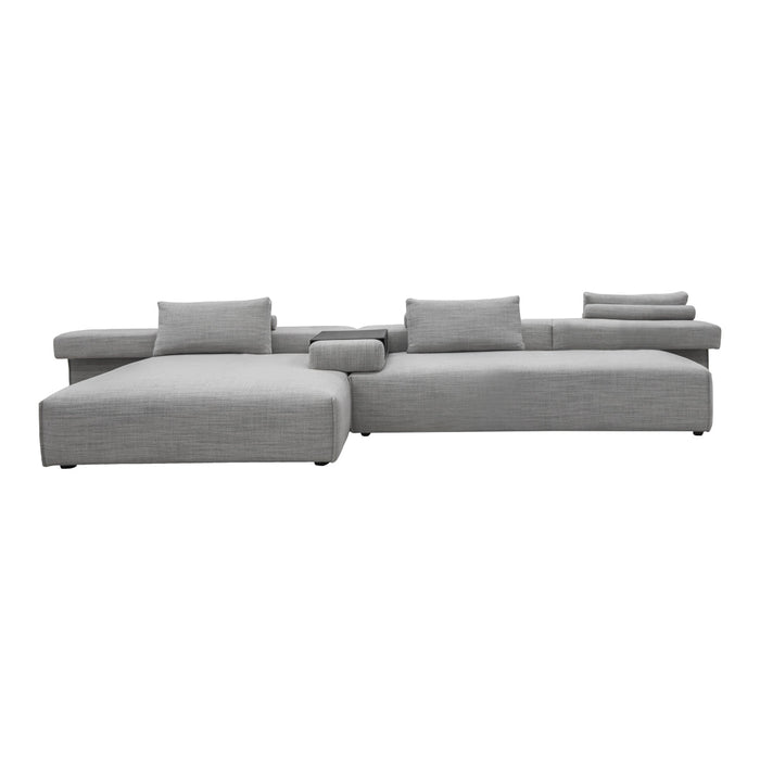 Gray sectional sofa with smooth fabric and sleek, minimalist design, featuring multiple cushions for added comfort.