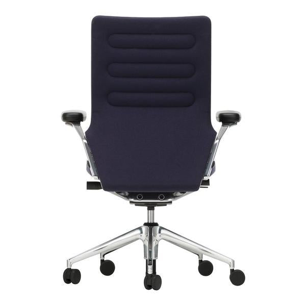 Navy blue office chair with a sleek design and horizontal ribbed pattern, featuring a chrome five-star base.