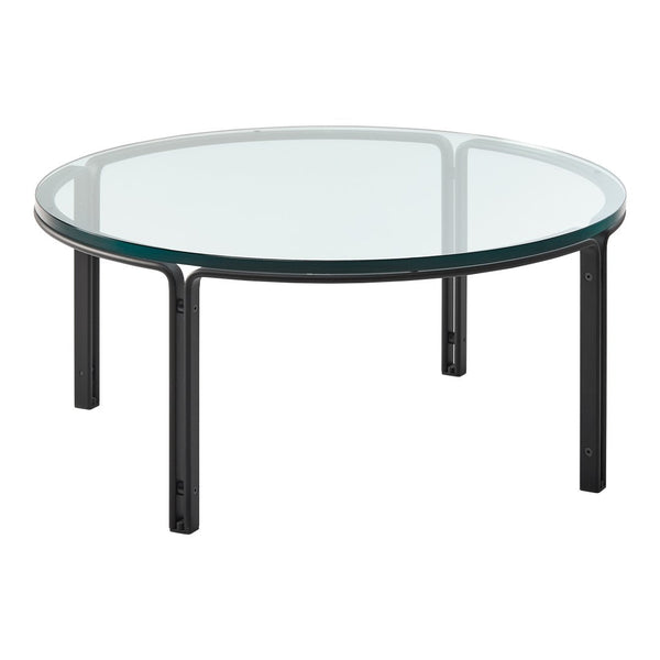 Round glass coffee table with a clear top and sleek black metal legs, featuring a minimalist design.
