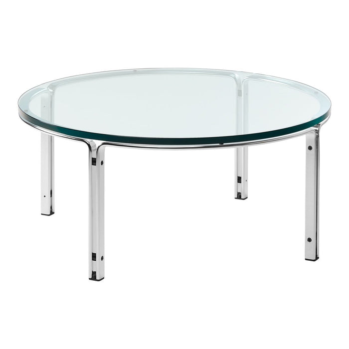 Round glass coffee table with sleek chrome legs and a minimalist design, featuring a clear surface and modern aesthetic.