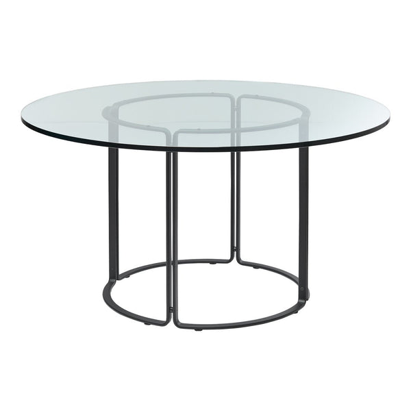 Round glass dining table with a clear top and black metal base, featuring sleek, modern lines. Ideal for contemporary decor.