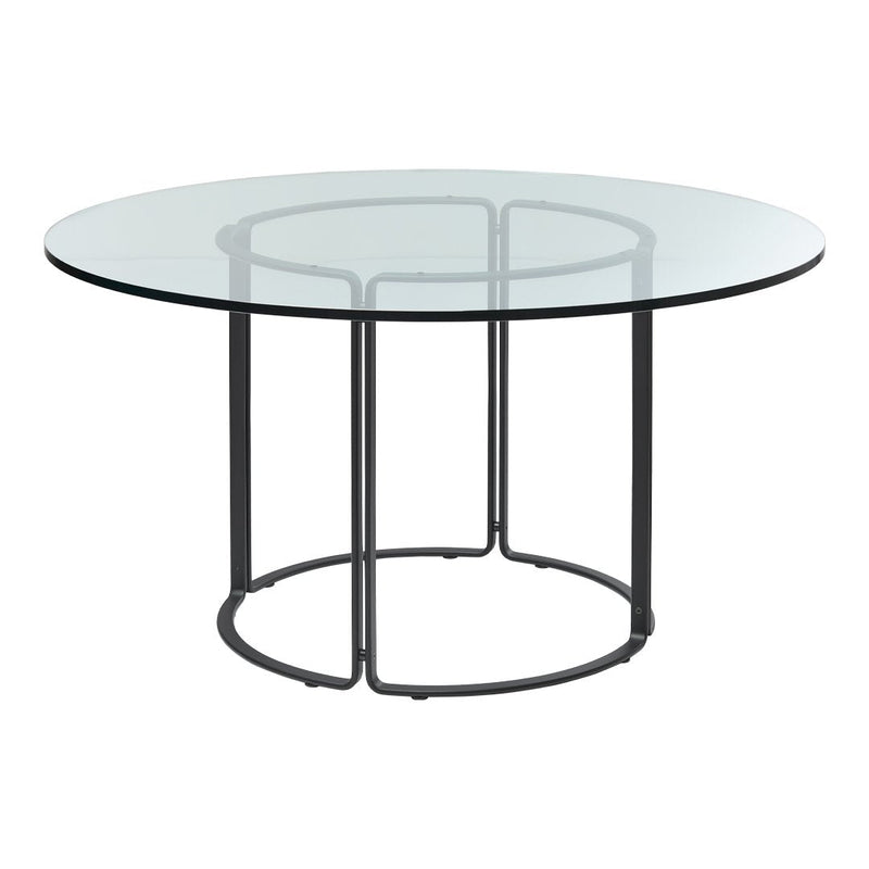 Round glass dining table with a clear top and black metal base, featuring sleek, modern lines. Ideal for contemporary decor.