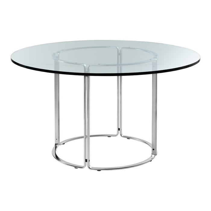 Round glass dining table with a clear top and sleek chrome base, showcasing modern minimalist design.