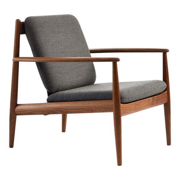 Mid-century modern chair with a gray fabric seat and warm walnut wood frame. Simple, elegant design.