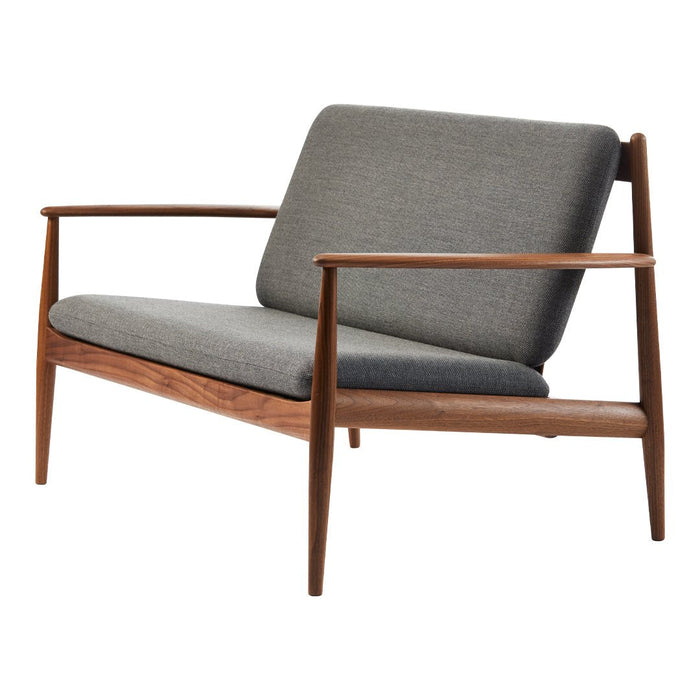 Gray linen upholstery with a wood frame, featuring clean lines and a modern, minimalist design.