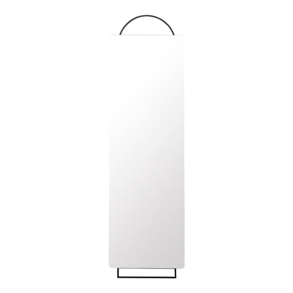 Sleek white vertical mirror with a minimalist black metal handle and base, ideal for modern decor.