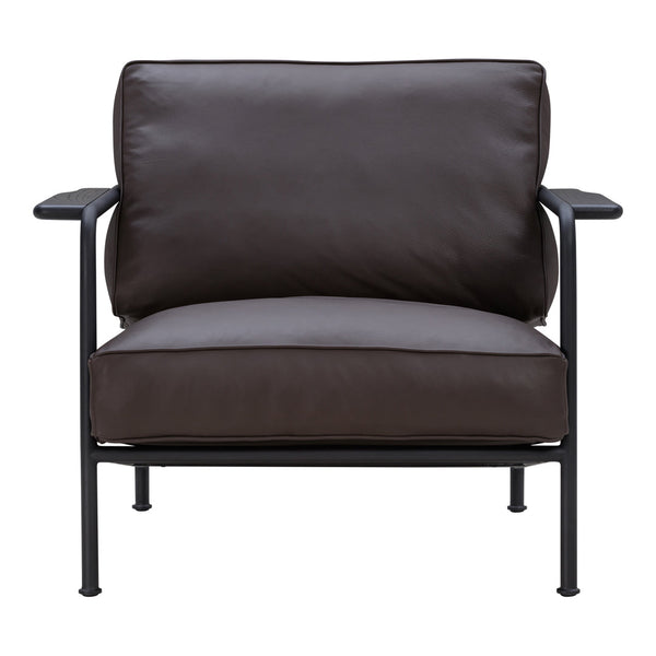 Brown leather armchair with a sleek black metal frame, showcasing a minimalist design and cozy cushions.