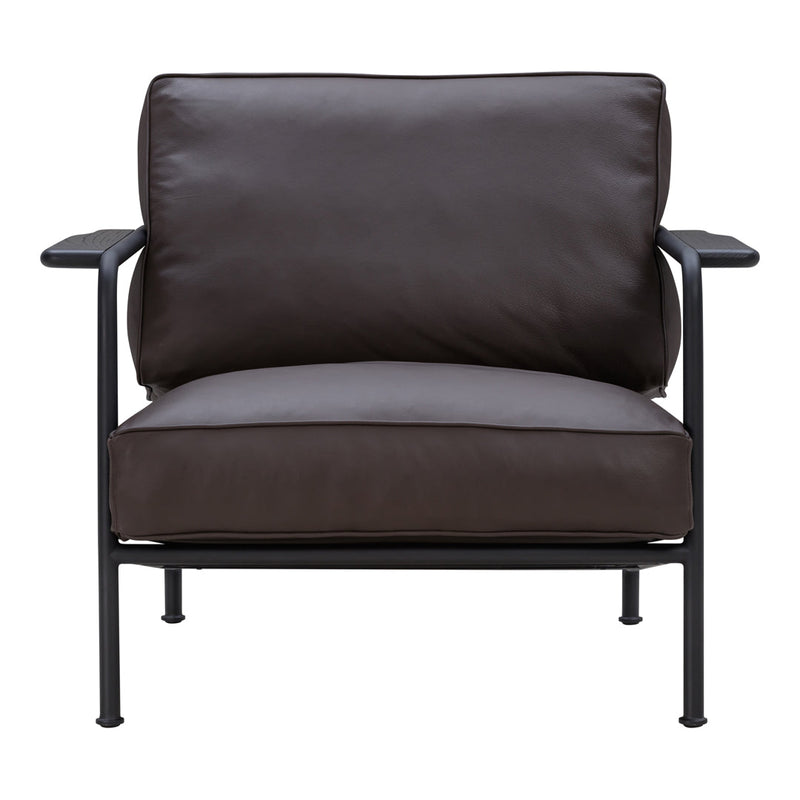 Brown leather armchair with a sleek black metal frame, showcasing a minimalist design and cozy cushions.
