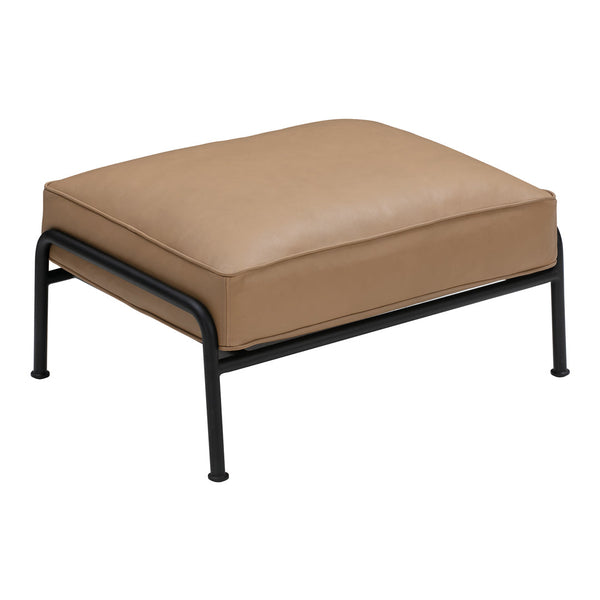 Brown padded ottoman with a sleek black metal frame, featuring a solid color design for modern interiors.