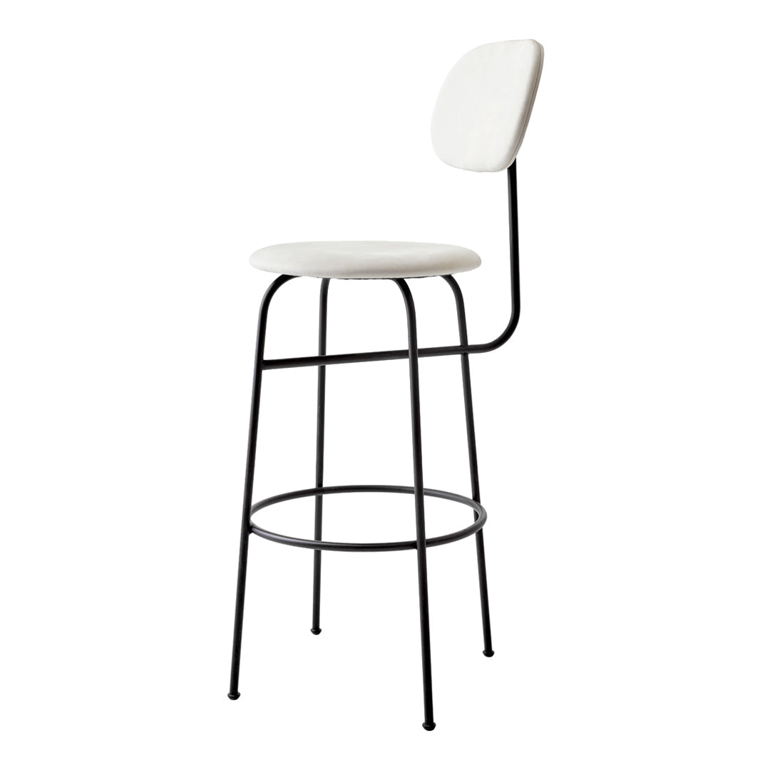 White upholstered bar stool with a sleek black metal frame, minimalist design perfect for modern decor.
