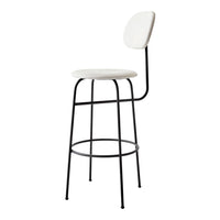 White upholstered bar stool with a sleek black metal frame, minimalist design perfect for modern decor.