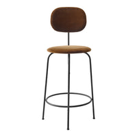 Brown upholstered bar stool with a smooth rounded seat and sleek black metal legs, offering a modern minimalist style.