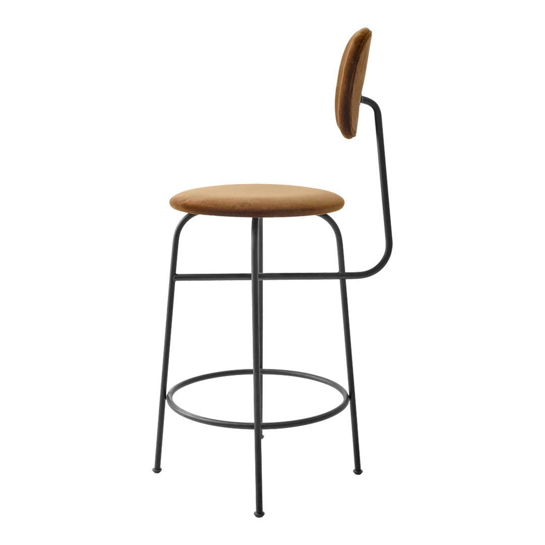 Tan upholstered bar stool with a sleek black metal frame and minimalist design. Ideal for modern decor.