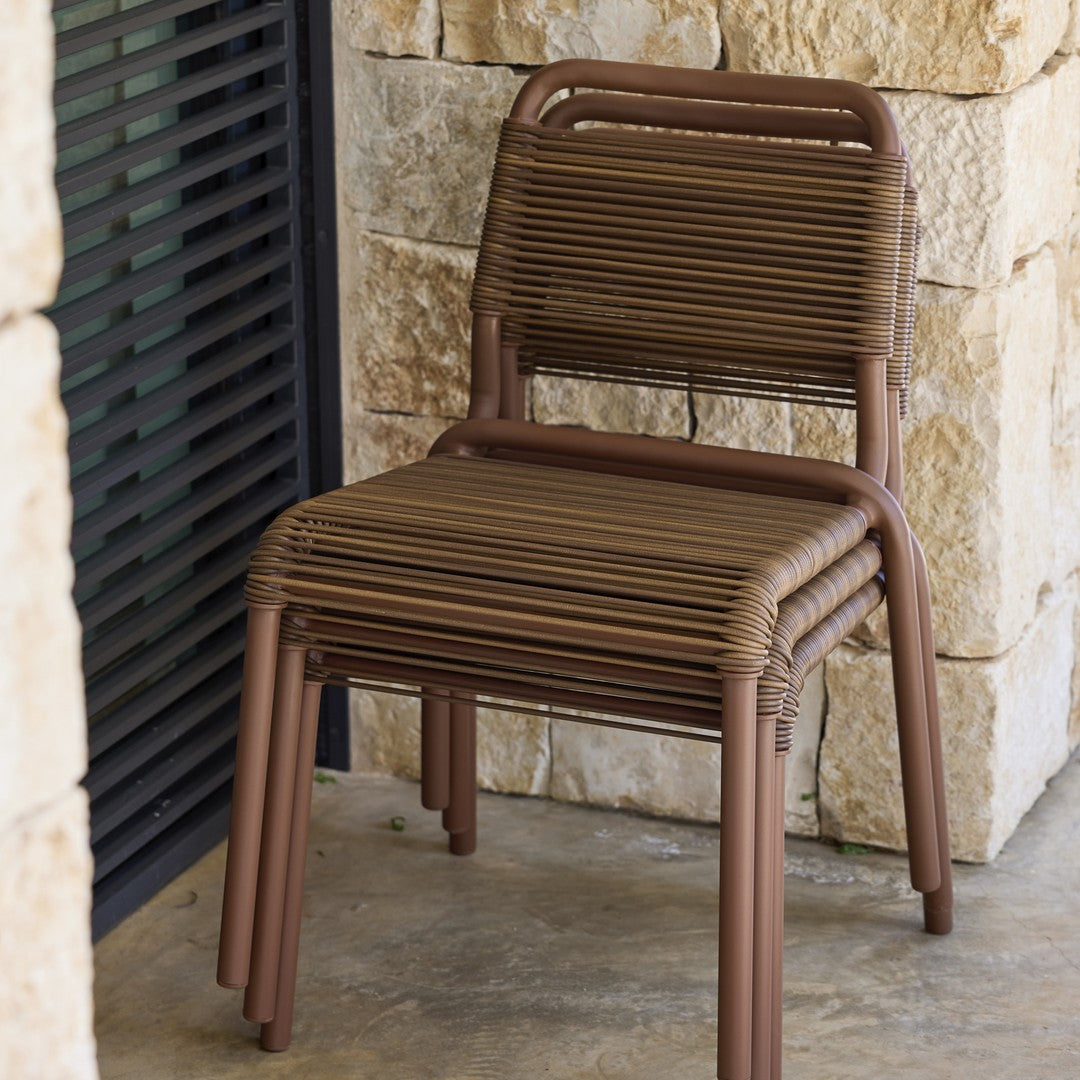 Brown striped outdoor chair with sleek design, featuring a warm earthy tone perfect for patio decor.