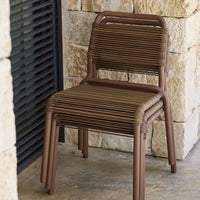 Brown striped outdoor chair with sleek design, featuring a warm earthy tone perfect for patio decor.