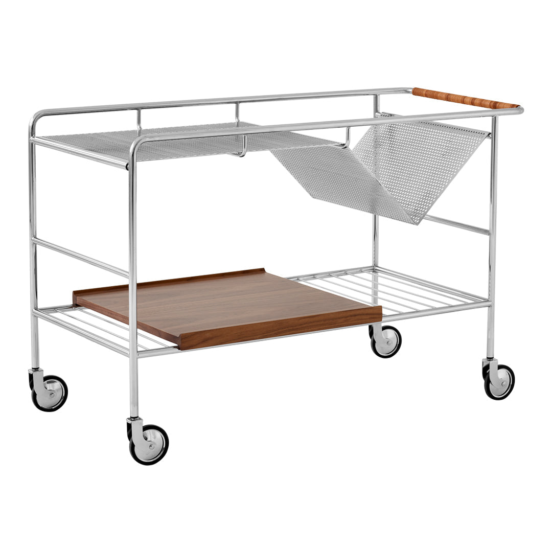 Sleek chrome cart with a natural wood shelf, featuring a minimalist design and neutral colors for versatile styling.