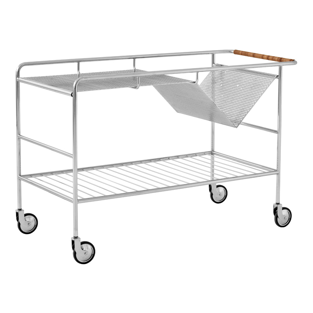 Sleek silver metal cart with a natural wood handle and a minimalist design, featuring a stylish gray fabric bin.
