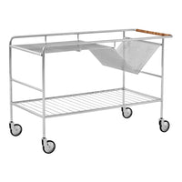 Sleek silver metal cart with a natural wood handle and a minimalist design, featuring a stylish gray fabric bin.