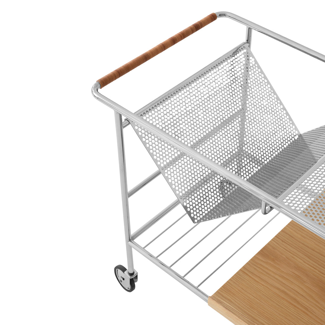 Silver metal cart with a textured mesh design and a wooden handle, featuring a natural wood top.