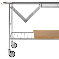 Stainless steel kitchen cart with bamboo shelf, featuring sleek lines and a modern design. Perfect for any kitchen space.