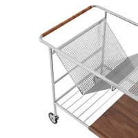 Metal cart with a silver finish, wooden handle, and a mesh design featuring a mix of geometric patterns.