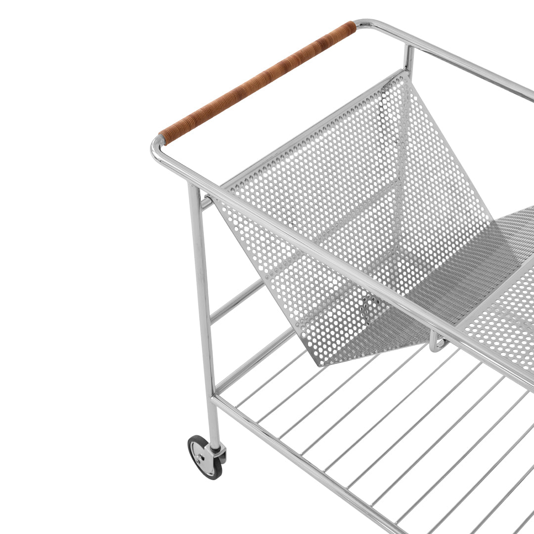 Metal cart with a silver tone, light mesh design, and a natural wood handle. Perfect for stylish storage solutions.