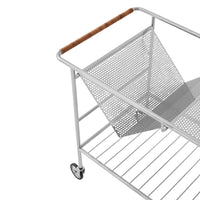 Metal cart with a silver tone, light mesh design, and a natural wood handle. Perfect for stylish storage solutions.