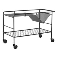Black metal cart with a mesh side pocket and a slatted bottom shelf, featuring a sleek, minimalistic design.