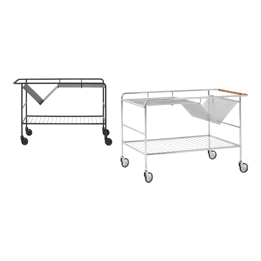 Two versatile carts in black and white metal with simple lines, featuring wire shelving and fabric details.