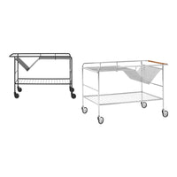 Two versatile carts in black and white metal with simple lines, featuring wire shelving and fabric details.
