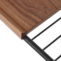 Walnut wood finish with rich brown tones, complemented by sleek black metal accents and clean geometric lines.
