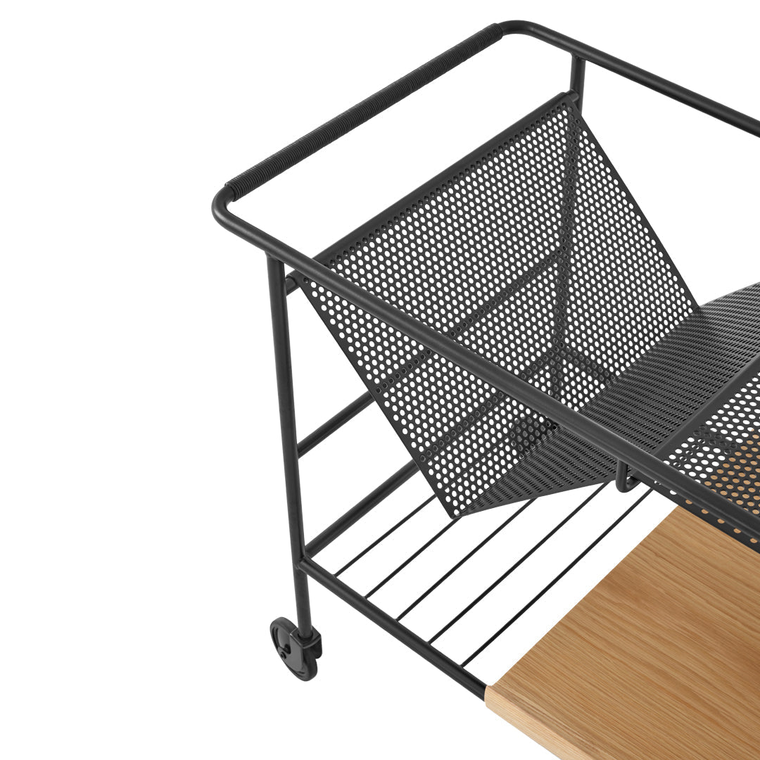 Black metal cart with a geometric perforated design and natural wood top, combining modern aesthetics with functionality.