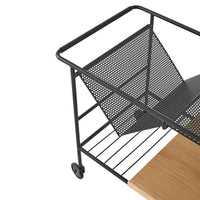 Black metal cart with a geometric perforated design and natural wood top, combining modern aesthetics with functionality.