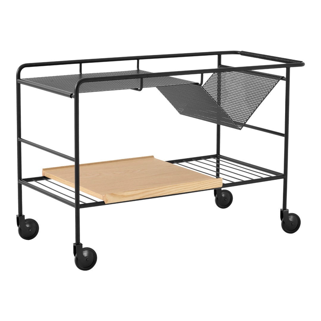 Black metal utility cart with a natural wood shelf and gray fabric storage basket. Sleek, modern design on wheels.