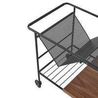 Black metal cart with mesh sides and wooden base, featuring a sleek, modern design. Perfect for stylish storage.