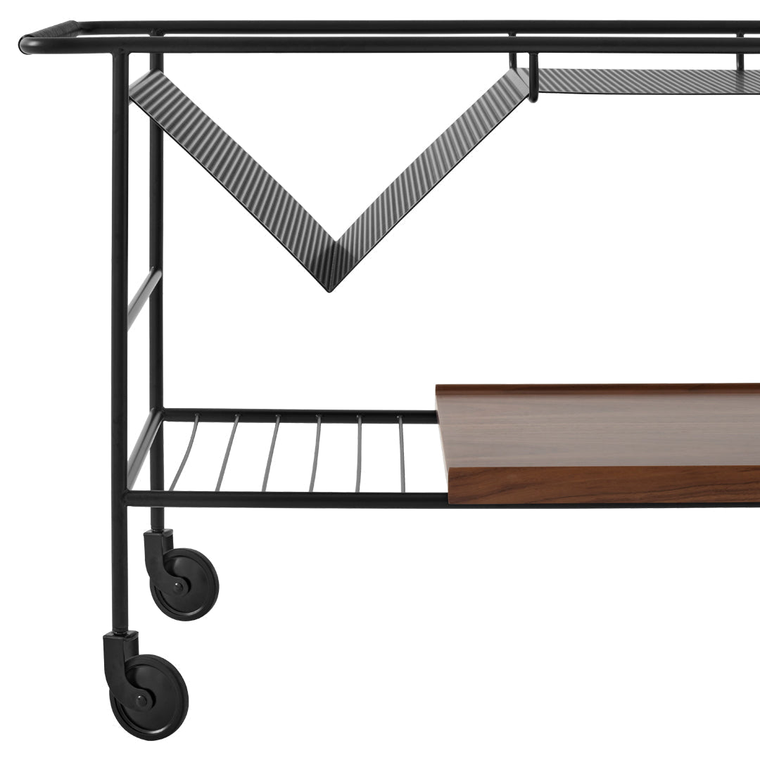 Black metal cart with geometric patterns and a warm wood shelf, featuring sleek wheels for mobility.