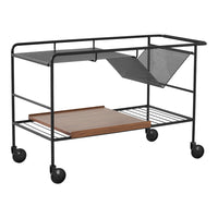 Black metal cart with wooden shelf and gray mesh accents, featuring a sleek minimalist design and rolling wheels.