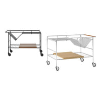 "Modern cart in black and white with wood accents, featuring a minimalist design and clean lines."